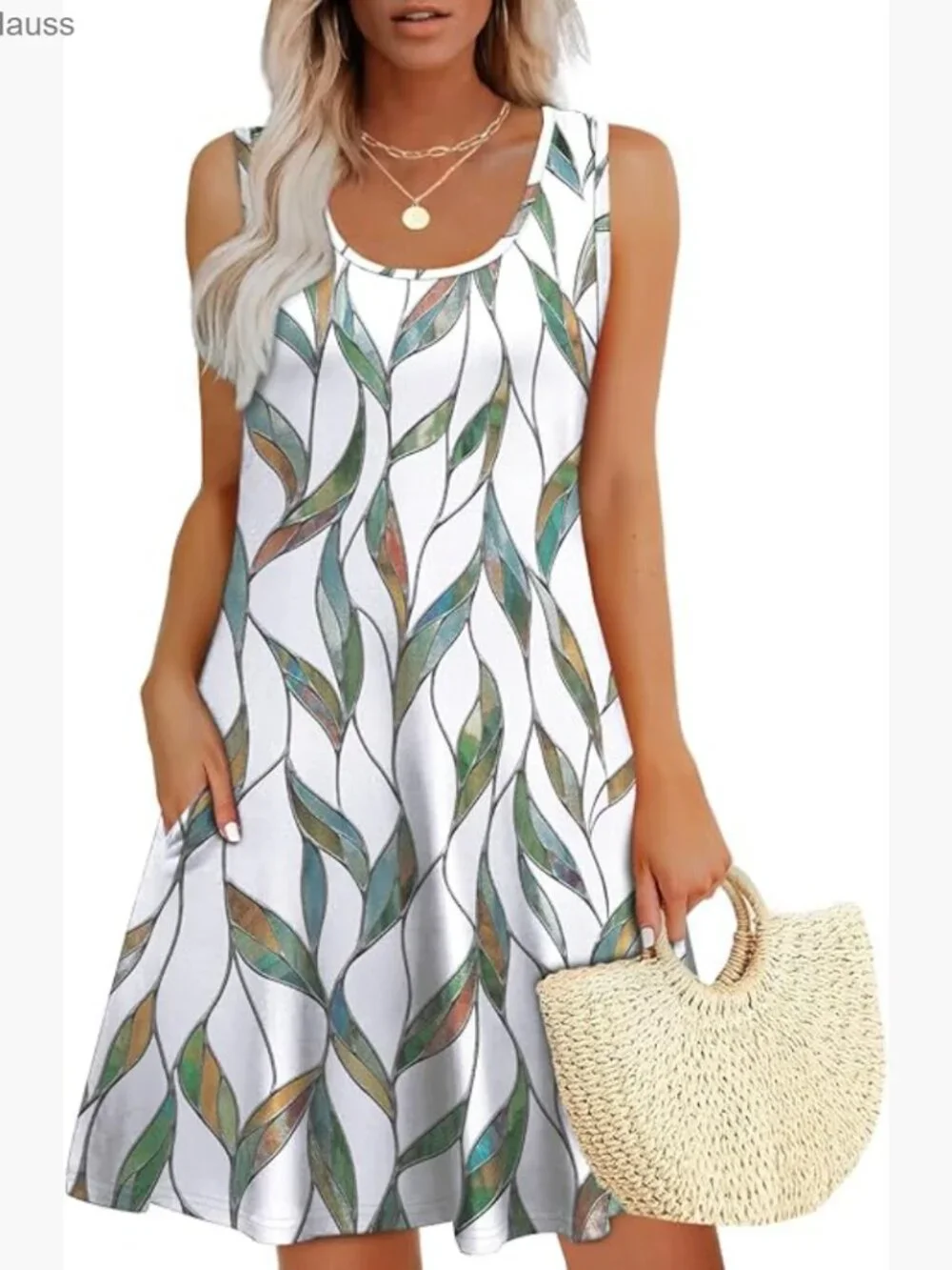 Knee-Length A-Line Sundress with Pockets, Sleeveless, Polyester Spandex